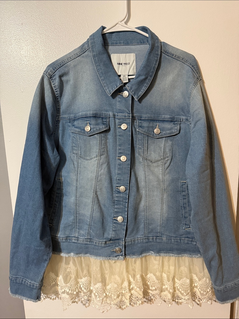 Nine West Light Blue Denim Jacket with Cream Lace Trim